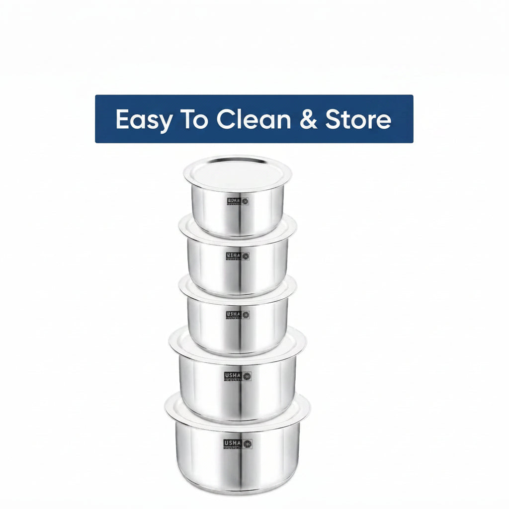USHA SHRIRAM Stainless Steel Tope Set with Lid 5pcs (800ml+1L+1.4L+1.9L+2.4L) Gas Induction Flat Bottom