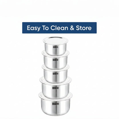USHA SHRIRAM Stainless Steel Tope Set with Lid 5pcs (800ml+1L+1.4L+1.9L+2.4L) Gas Induction Flat Bottom