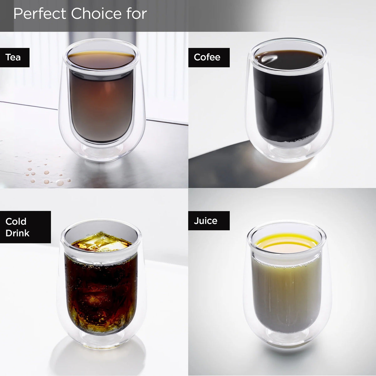 UMAI Pack of 2: Double Wall Borosilicate Glass Coffee Mugs | 190ml | Grey