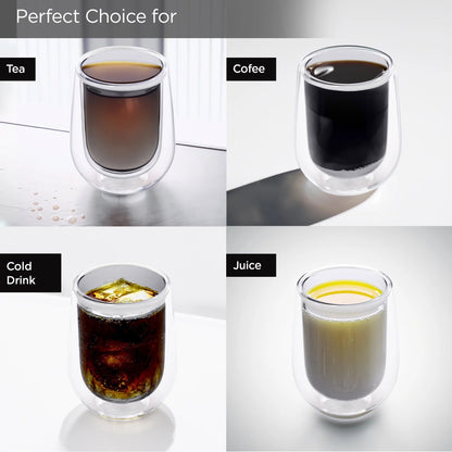 UMAI Pack of 2: Double Wall Borosilicate Glass Coffee Mugs | 190ml | Grey