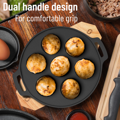 Esspy 7 Pit Pre-Seasoned Cast Iron Paniyaram Pan With Silicon Handle | Non-stick | Induction Friendly | Appe/Paddu Pan | 100% Pure & Toxin-Free | Gunta Ponganalu/Paddu | Cast Iron Cookware
