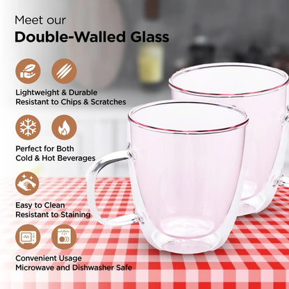UMAI Double Walled Glass Coffee Mug Set of 2 (400ml) | Pink