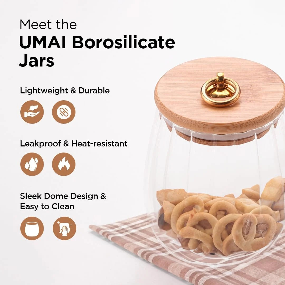 UMAI Borosilicate Glass Jar with Bamboo Lid | Set of 2 | 680ml & 830ml | Airtight