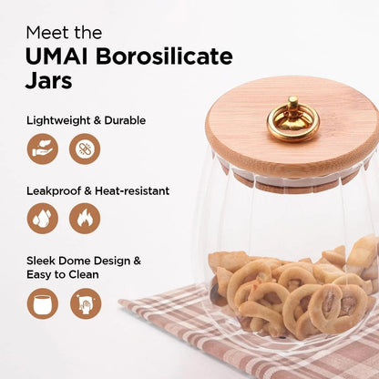 UMAI Borosilicate Glass Jar with Bamboo Lid | Set of 2 | 635ml | Airtight | Transparent