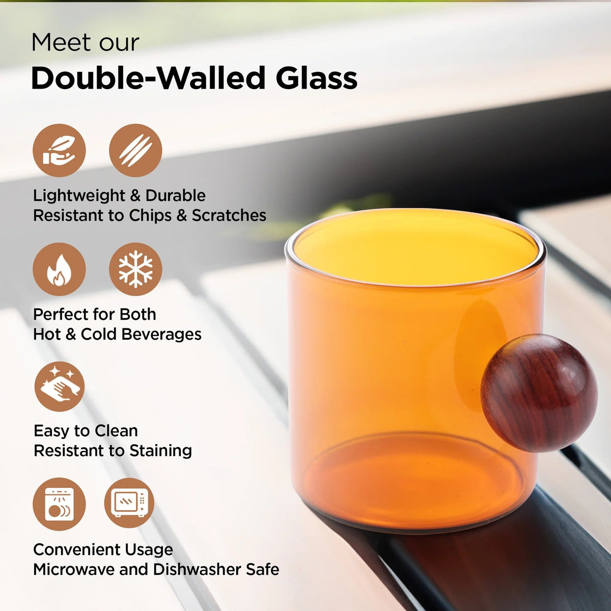 UMAI Borosilicate Glass Coffee Mug with Wooden Handle Set of 2 (120ml) | Amber