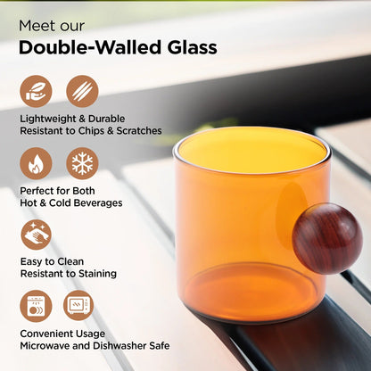 UMAI Borosilicate Glass Coffee Mug with Wooden Handle Set of 2 (120ml) | Amber