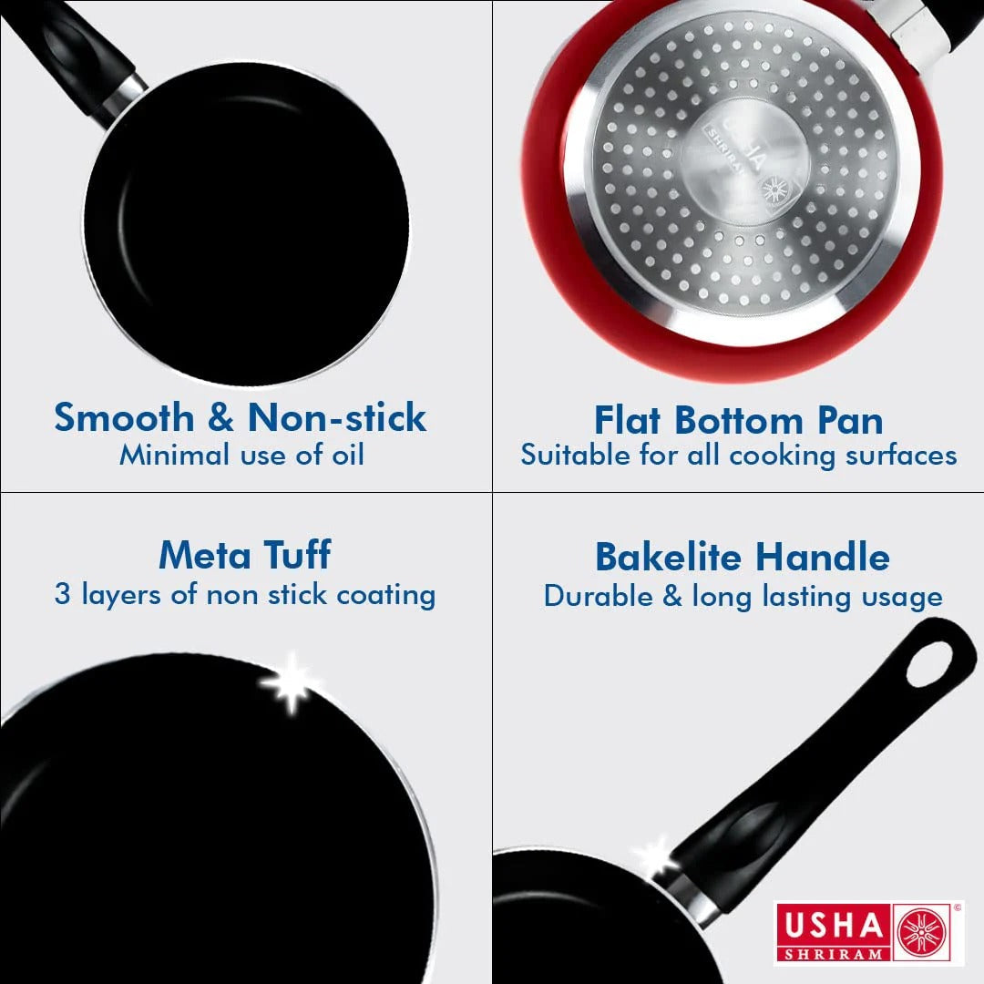 USHA SHRIRAM Non-Stick Frying Pan 26cm 3-Layer Coating Easy Grip Handle Minimal Oil Red