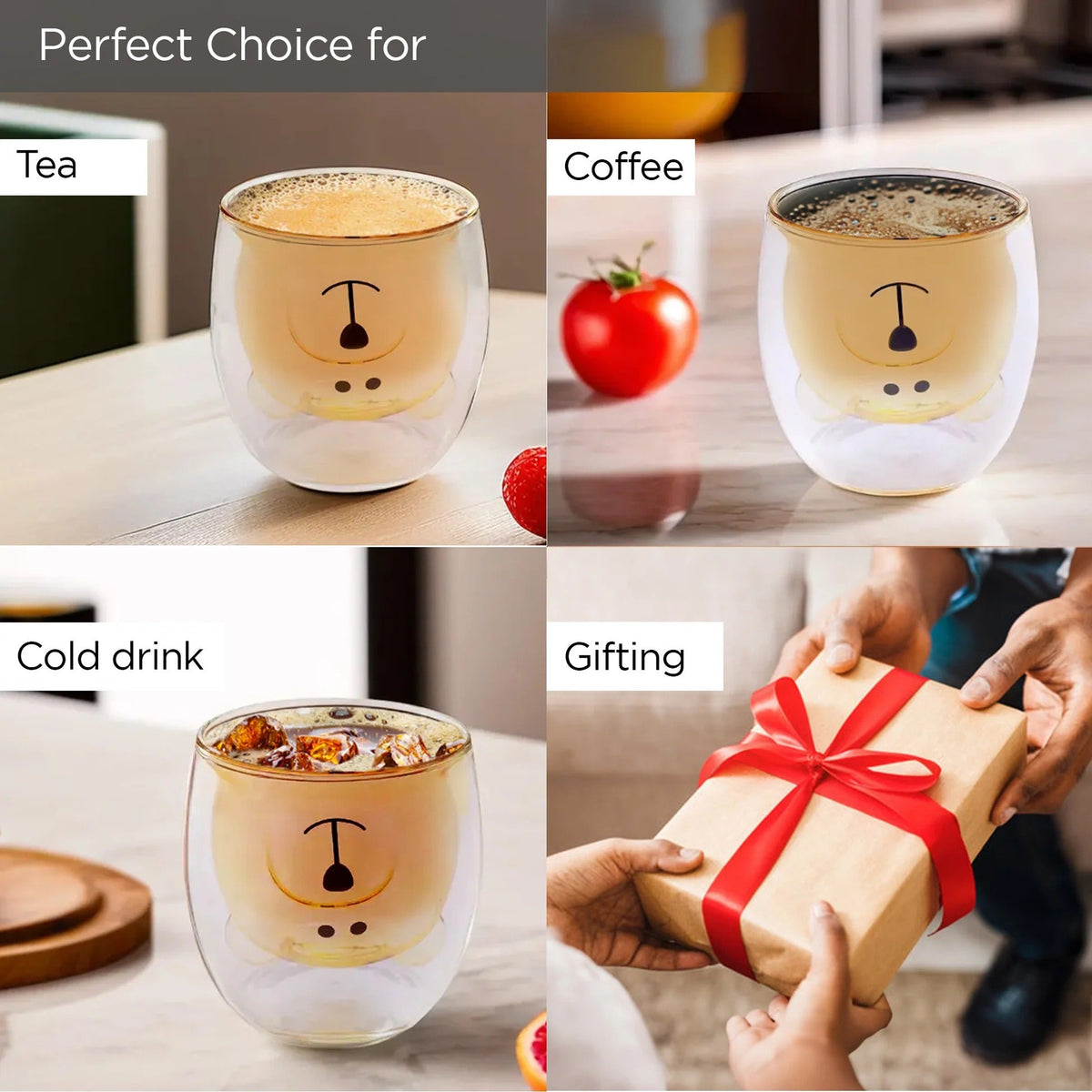 UMAI Cute Teddy Bear Double Walled Borosilicate Glass Mug Set of 2 (250ml) | Yellow
