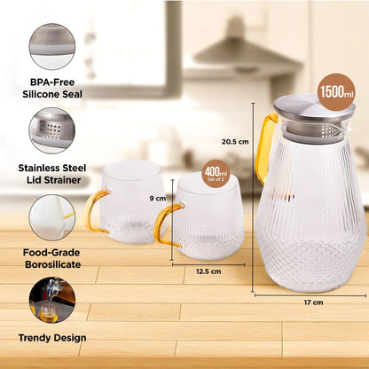 UMAI Borosilicate Glass Jug 1500ml + 2 Cups 400ml SS Lid Premium Housewarming Gift Pack