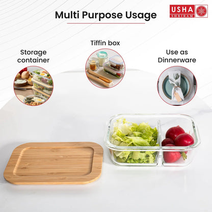 USHA SHRIRAM Borosilicate Glass Tiffin Box 980ml | Bamboo Lid | Leak-Proof | Glass Lunch Box
