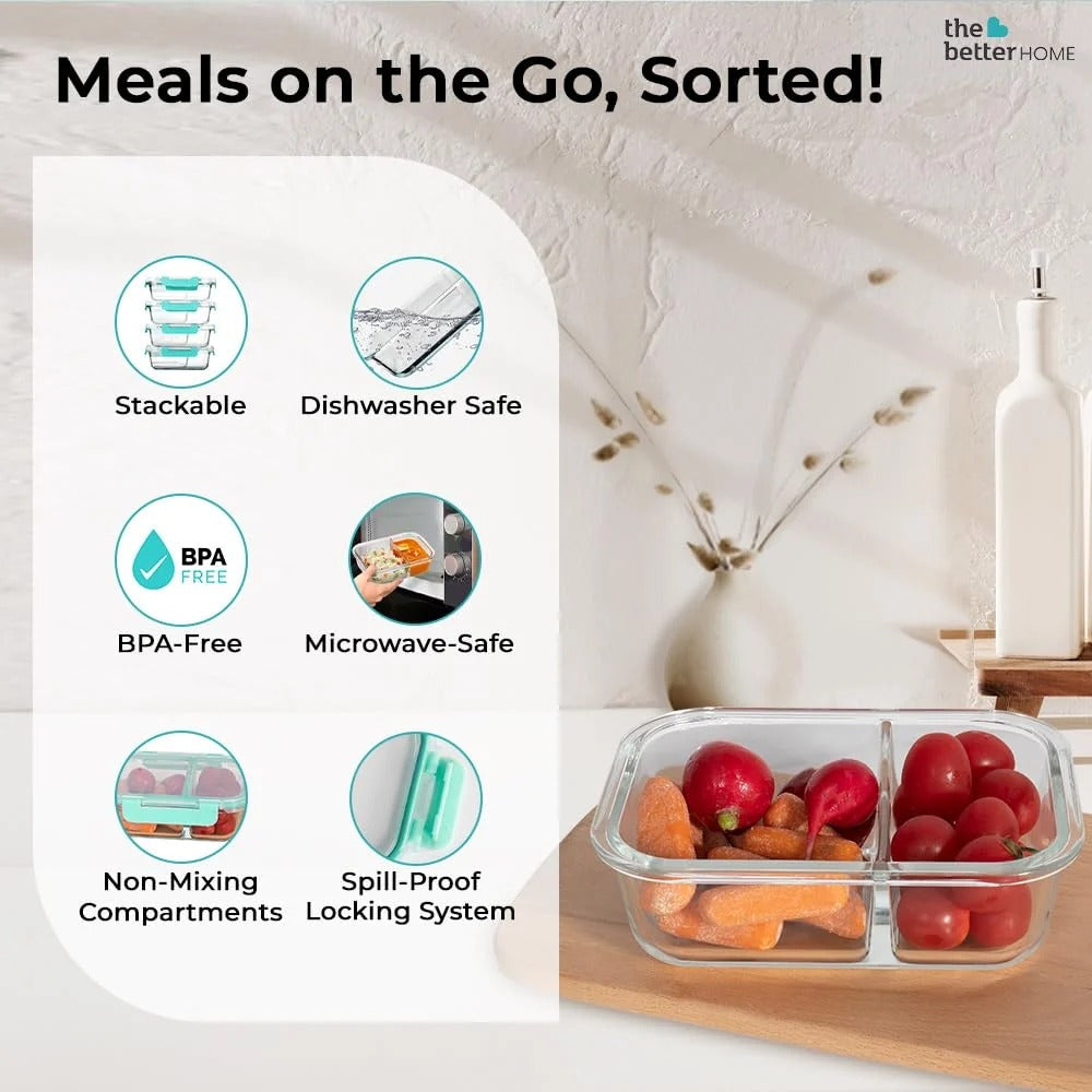 The Better Home Glass Microwave Safe Office Lunch Box | 570ml | 2 Compartments | Safety Lock | Transparent