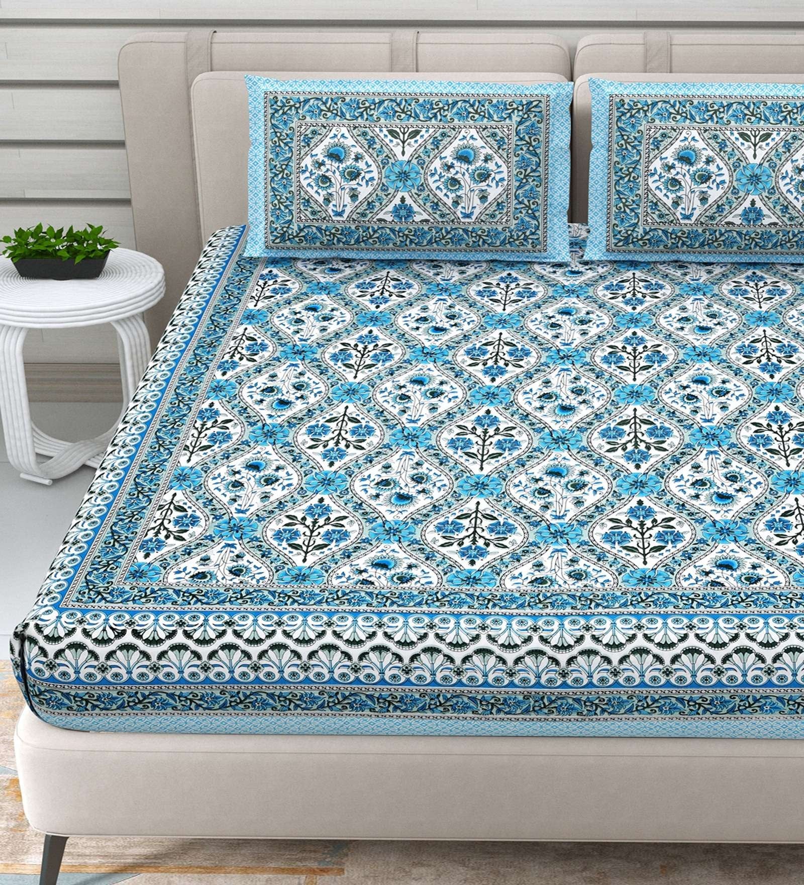 100% Pure Cotton Traditional Printed Bedsheet for Double Bed King Size Bedsheet with 2 Pillow Covers