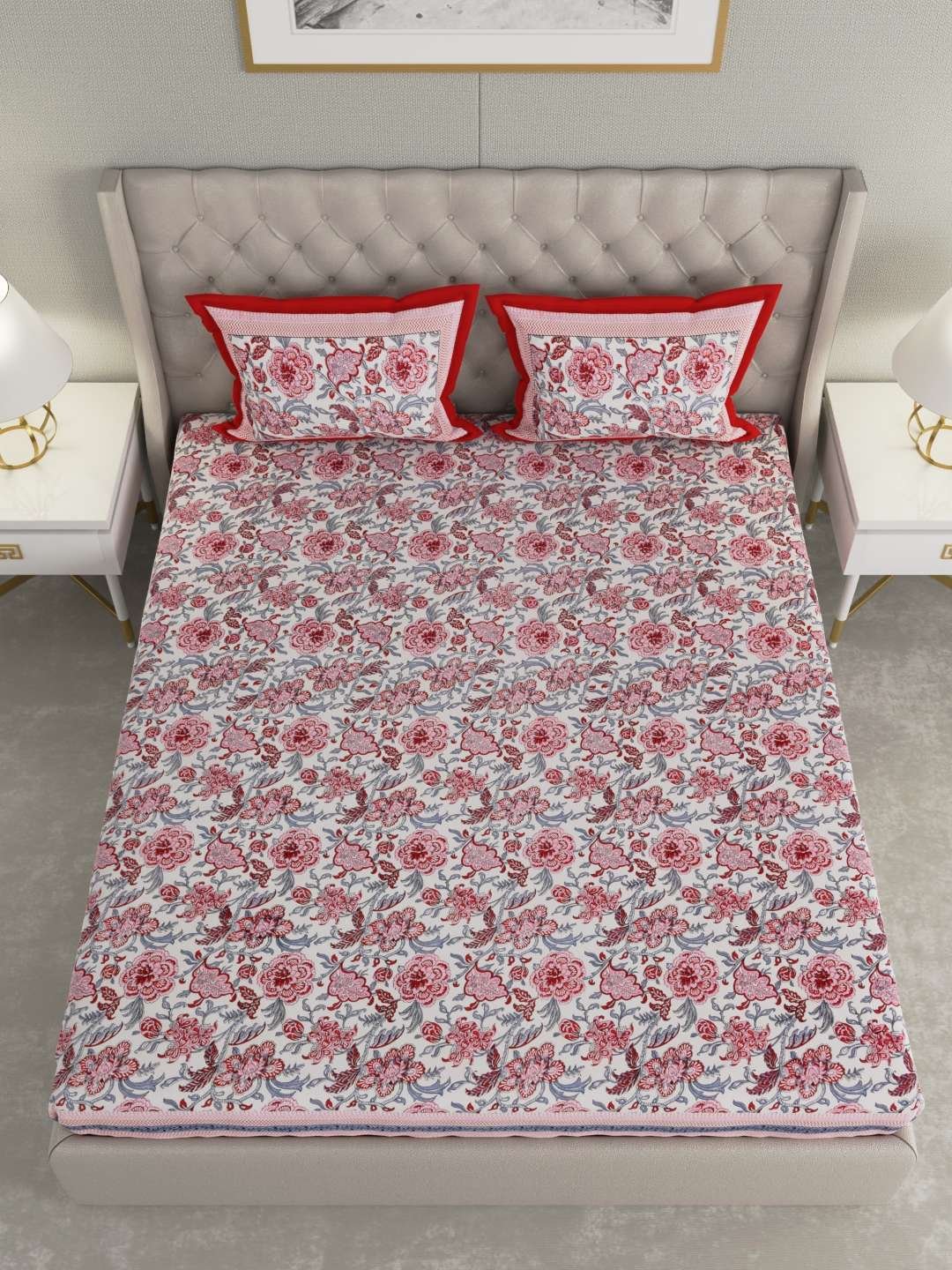 100% Pure Cotton Traditional Printed Bedsheet for Double Bed King Size Bedsheet with 2 Pillow Covers