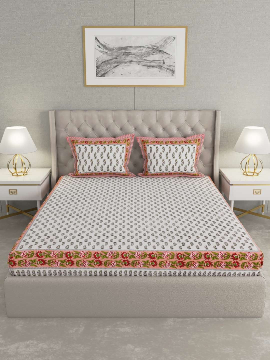 100% Pure Cotton Traditional Printed Bedsheet for Double Bed King Size Bedsheet with 2 Pillow Covers