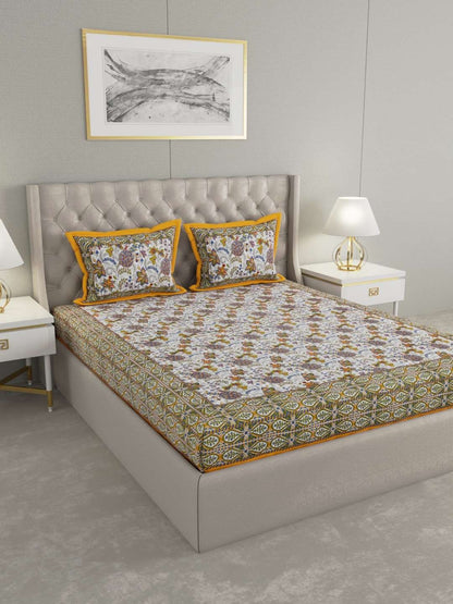 100% Pure Cotton Traditional Printed Bedsheet for Double Bed King Size Bedsheet with 2 Pillow Covers