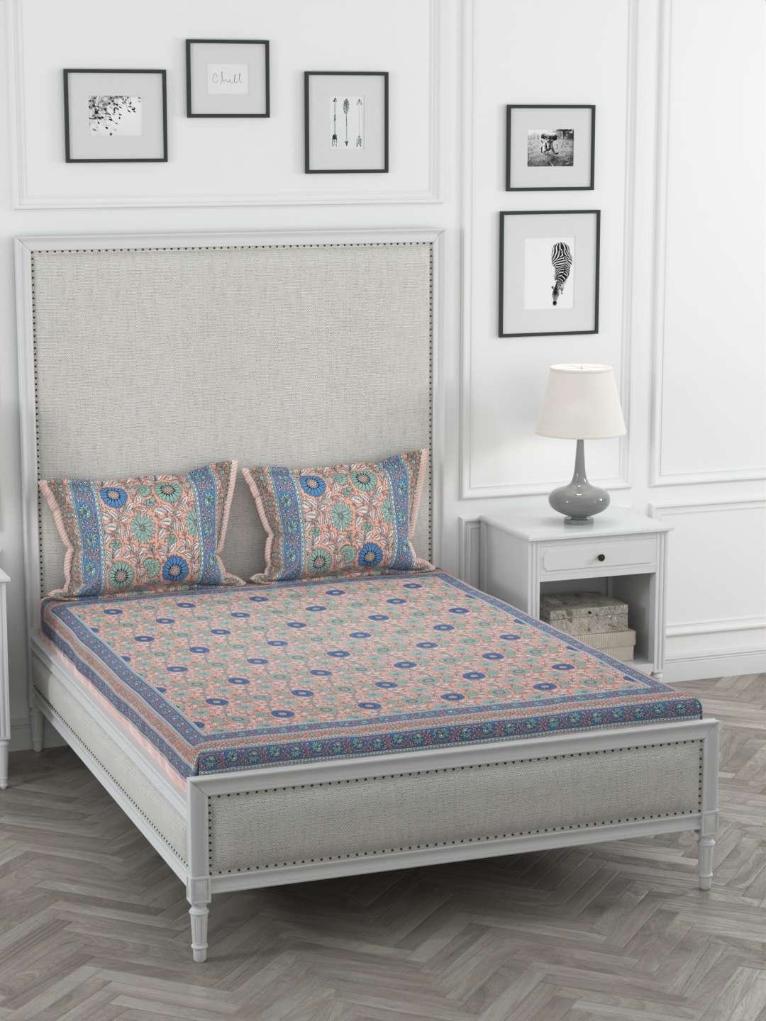 100% Pure Cotton Traditional Printed Bedsheet for Double Bed King Size Bedsheet with 2 Pillow Covers