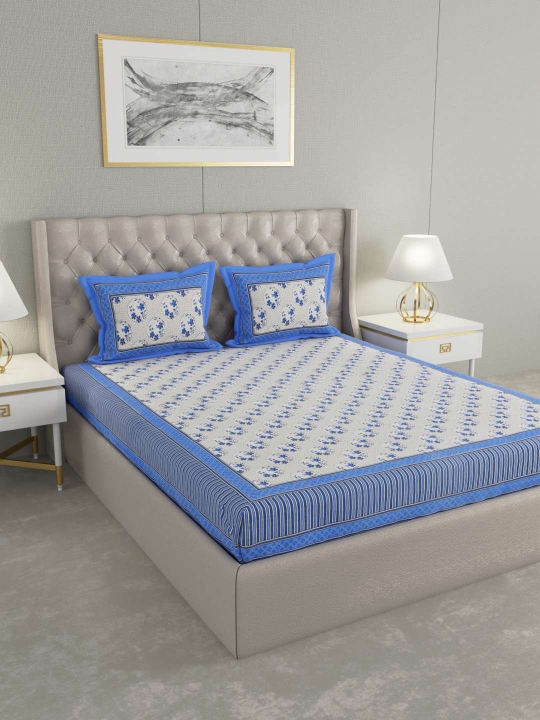100% Pure Cotton Traditional Printed Bedsheet for Double Bed King Size Bedsheet with 2 Pillow Covers