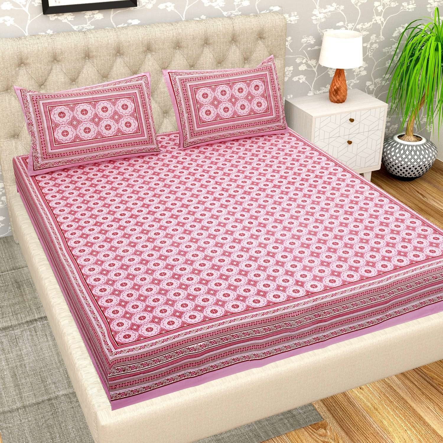 100% Pure Cotton Traditional Printed Bedsheet for Double Bed King Size Bedsheet with 2 Pillow Covers