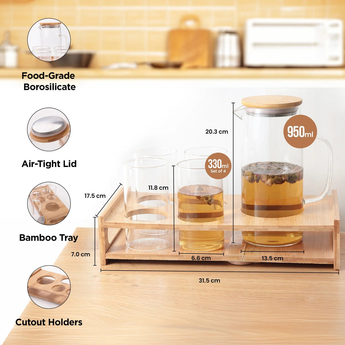 UMAI Glass Jug 950ml with Bamboo Tray + 4 Water Glasses 330ml Housewarming Gift Set