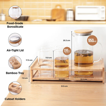 UMAI Glass Jug 950ml with Bamboo Tray + 4 Water Glasses 330ml Housewarming Gift Set