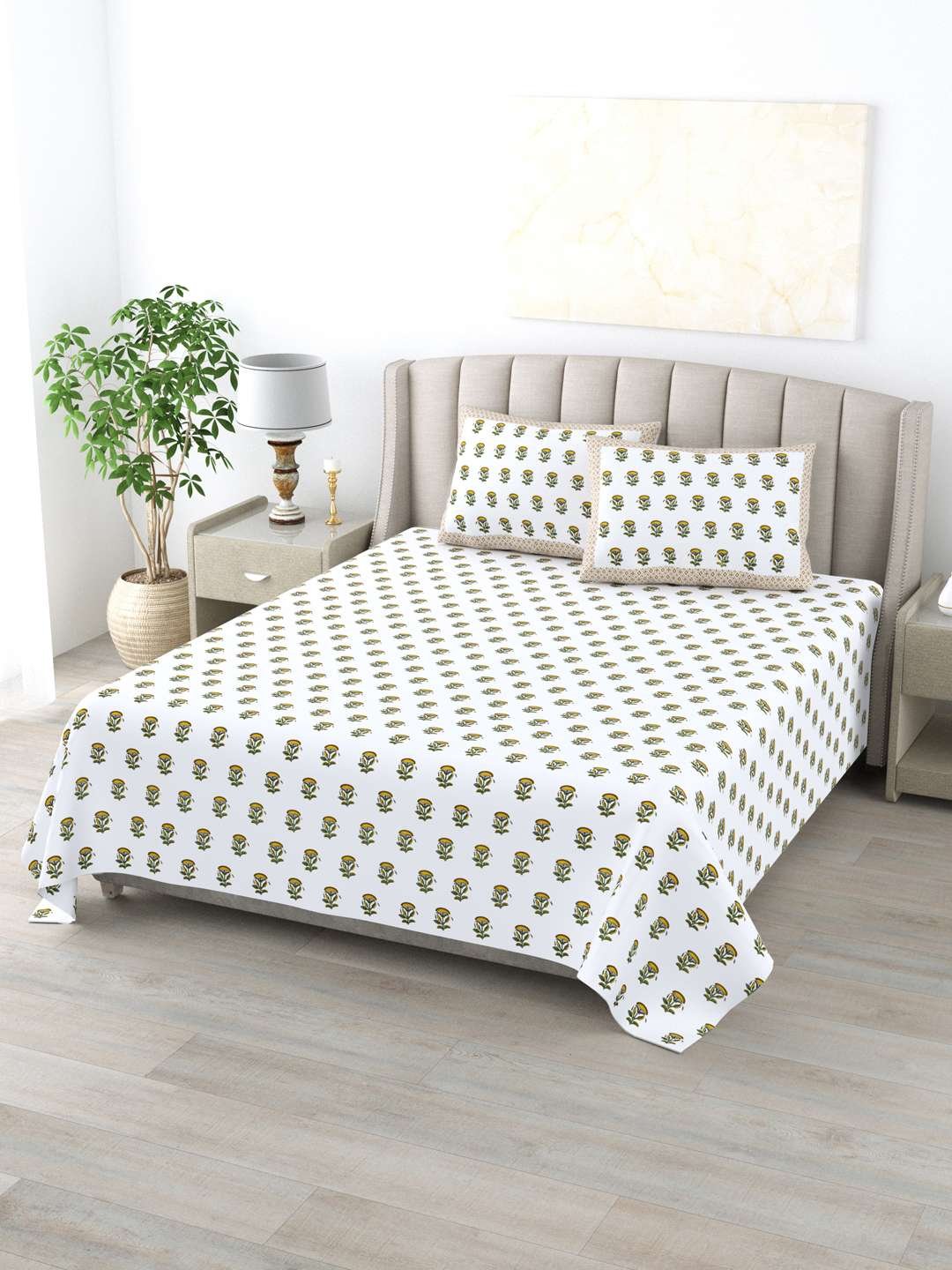 100% Pure Cotton Traditional Printed Bedsheet for Double Bed King Size Bedsheet with 2 Pillow Covers