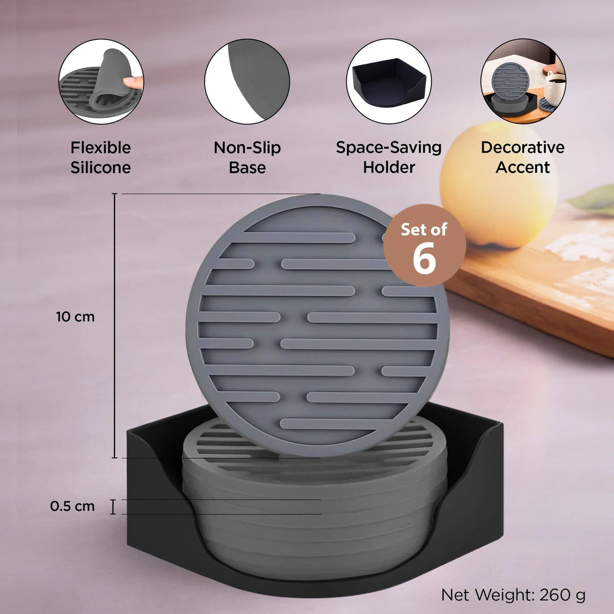 UMAI Silicone Coasters Set of 6 with Silicone Holder Grey Round Dining Table Home Office