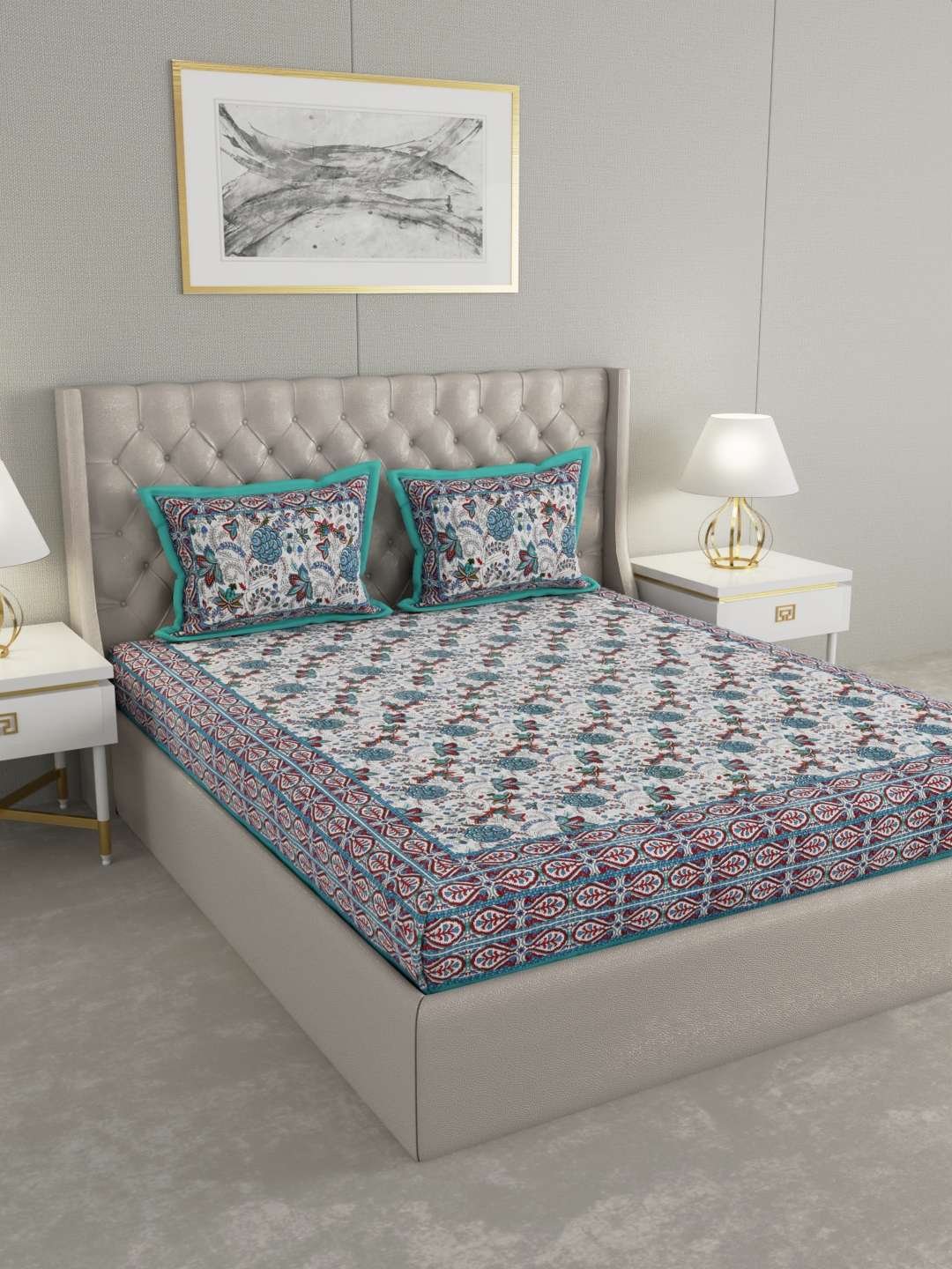 100% Pure Cotton Traditional Printed Bedsheet for Double Bed King Size Bedsheet with 2 Pillow Covers