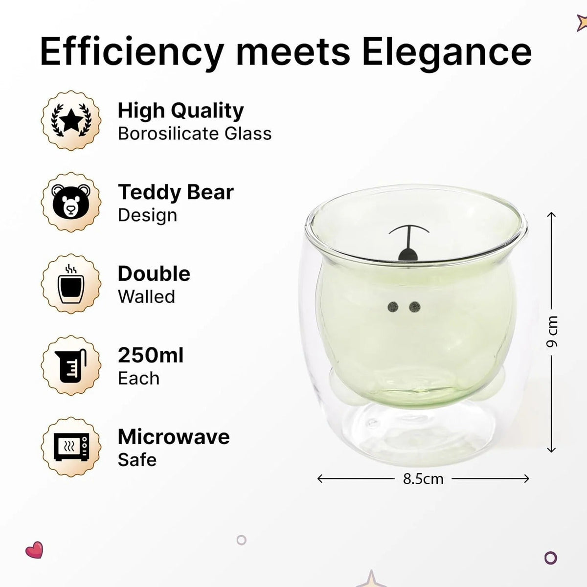Kuber Industries 6 Pcs Cute Teddy Bear Borosilicate Double Wall Glass Cups 250ml | Pack of 3 | Green