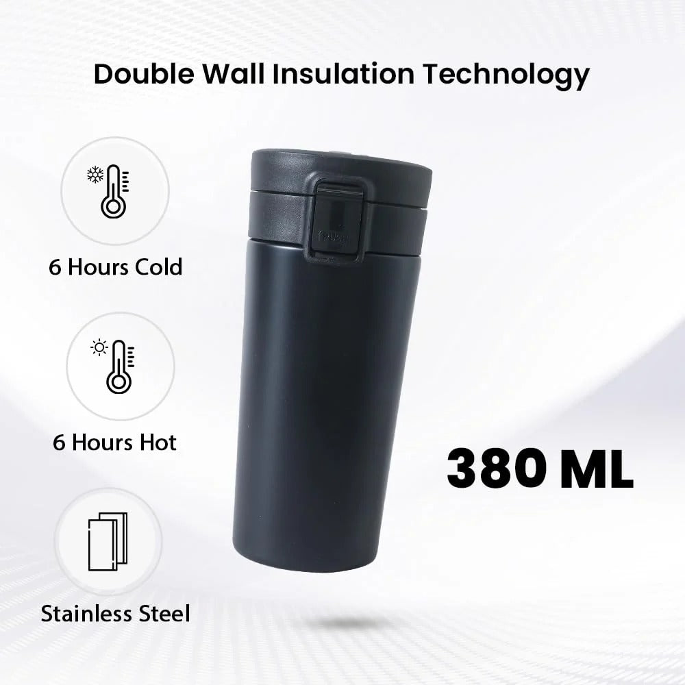 Kuber Industries Stainless Steel Insulated Coffee Tumbler with Sipper Lid | 380 ML | Black