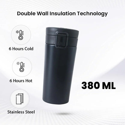 Kuber Industries Stainless Steel Insulated Coffee Tumbler with Sipper Lid | 380 ML | Black