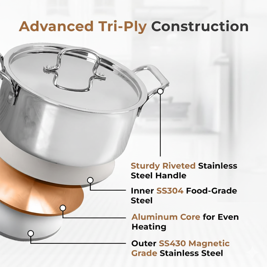 Esspy Triply Stainless Steel Casserole/Biryani Pot/Stock Pot with S.s Lid, Non Stick, Triply Biryani Pot, Metal Spatula Friendly, Induction & Gas Stove Compatible