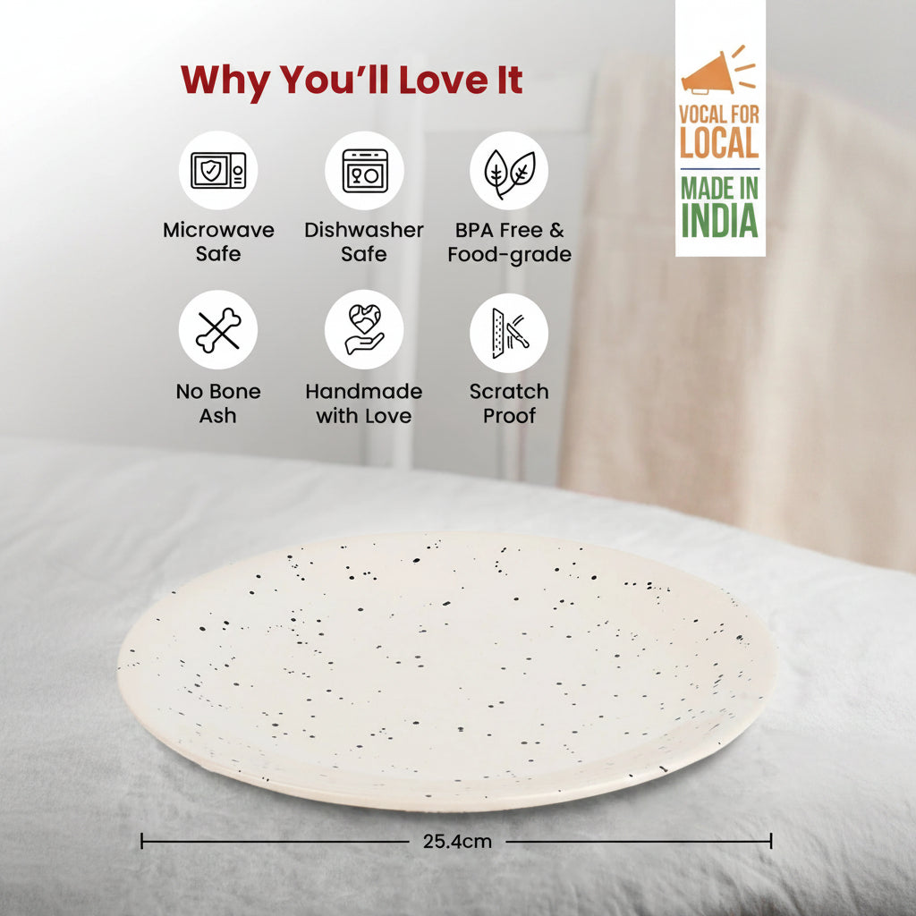 USHA SHRIRAM Ceramic Full Dinner Plate 10 inch 4pcs White with Dots Microwave Safe Scratch Resistant