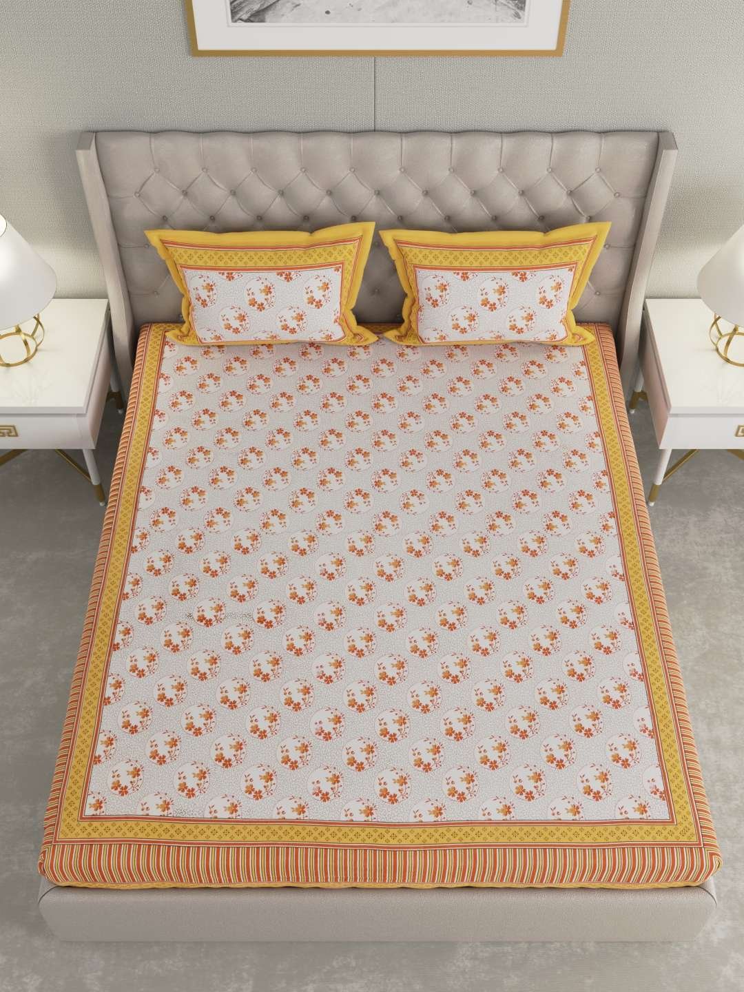 100% Pure Cotton Traditional Printed Bedsheet for Double Bed King Size Bedsheet with 2 Pillow Covers