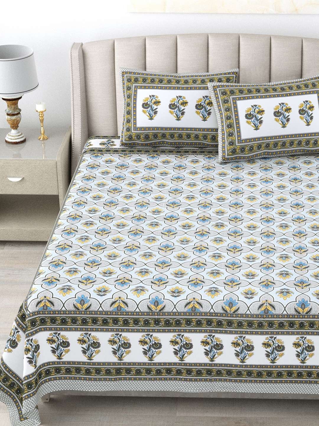 100% Pure Cotton Traditional Printed Bedsheet for Double Bed King Size Bedsheet with 2 Pillow Covers