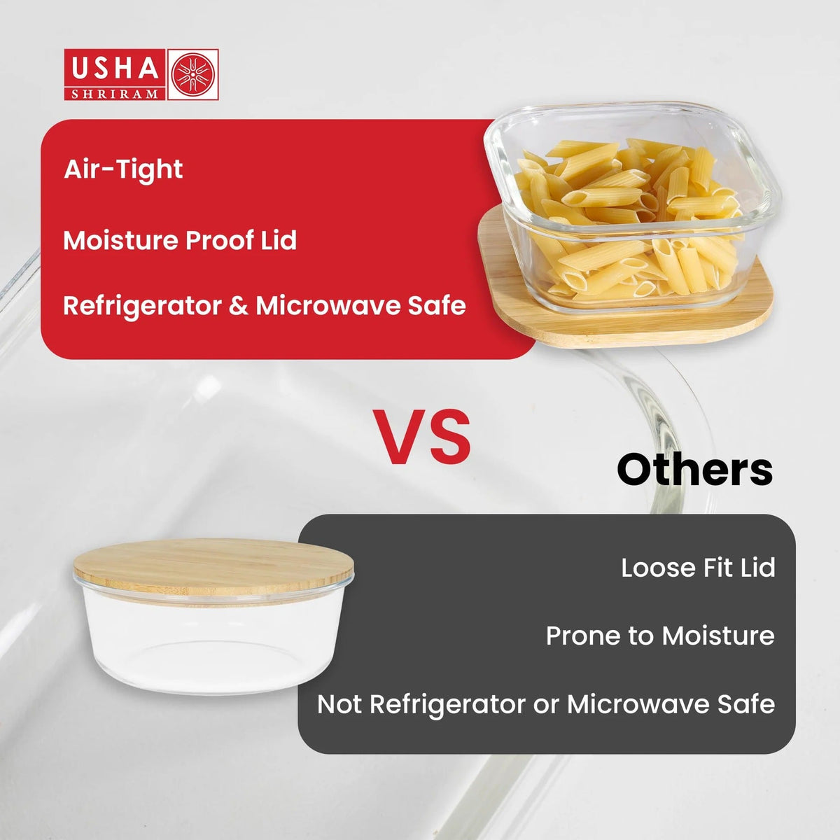 USHA SHRIRAM Borosilicate Food Containers with Bamboo Lid | 3pcs 320ml 520ml 800ml | Microwave Safe