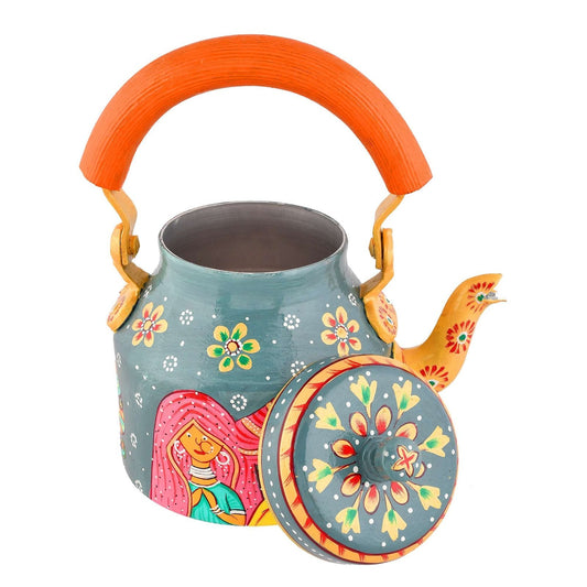 Aluminium Hand-Painted Hand-Painted Rajasthani Couple Design Tea Kettle - 750 ml