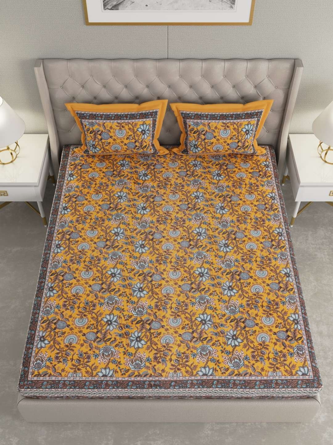 100% Pure Cotton Traditional Printed Bedsheet for Double Bed King Size Bedsheet with 2 Pillow Covers