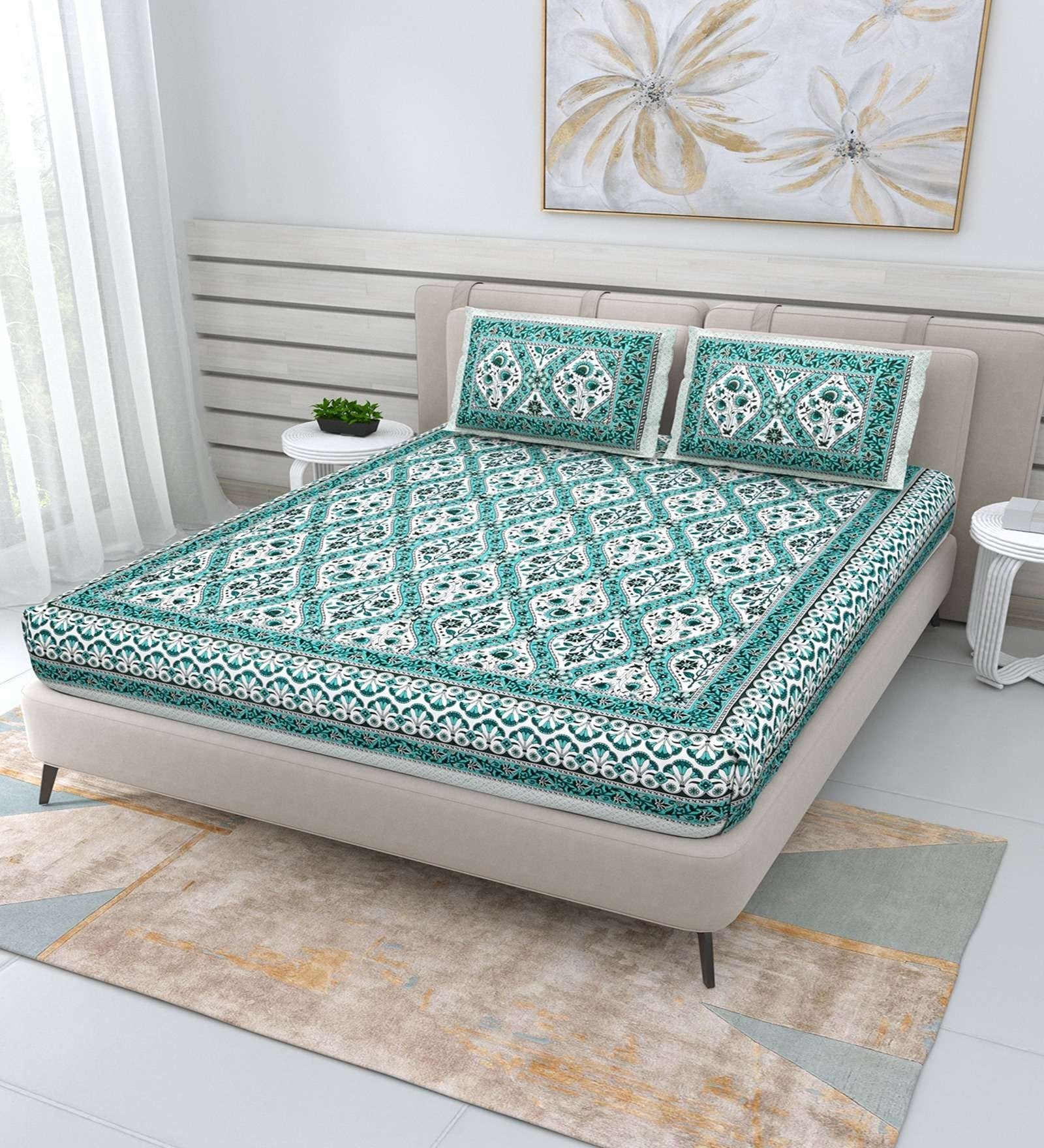 100% Pure Cotton Traditional Printed Bedsheet for Double Bed King Size Bedsheet with 2 Pillow Covers