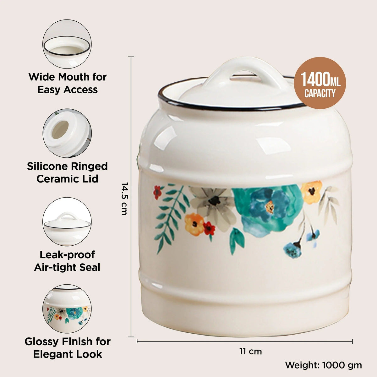 UMAI Ceramic Jar 1400ml with Lid | Airtight | White Printed | Kitchen Storage