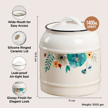 UMAI Ceramic Jar 1400ml with Lid | Airtight | White Printed | Kitchen Storage