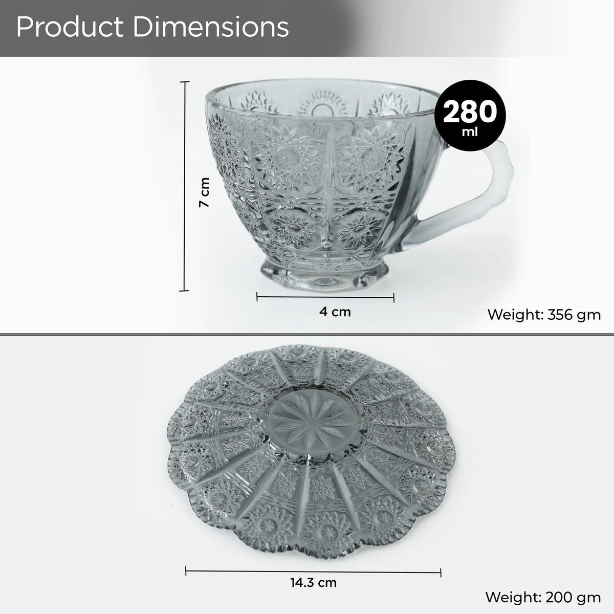 UMAI Glass Cup with Saucer (280ml) Set of 2 | Elegant | Transparent
