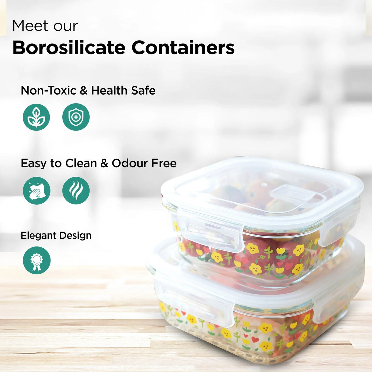 UMAI Pack of 2 Square Printed Borosilicate Kitchen Containers | 310ml & 525ml | Airvent Lid | Pink