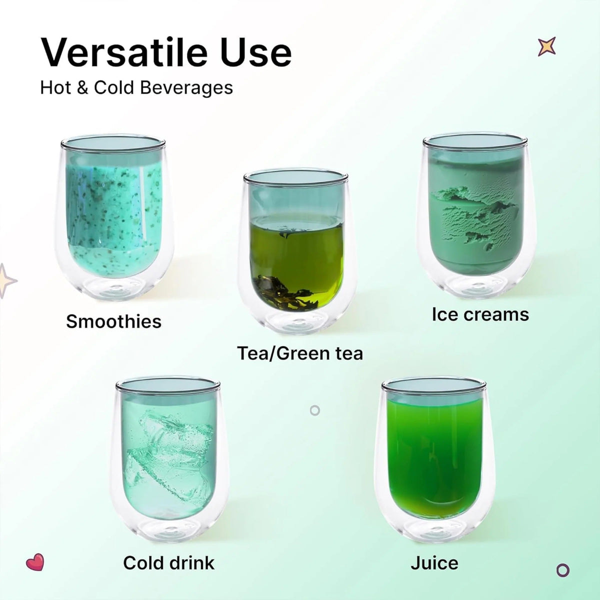 Kuber Industries 4 Pcs Double Walled Borosilicate Glass 190ml | Pack of 2 | Green