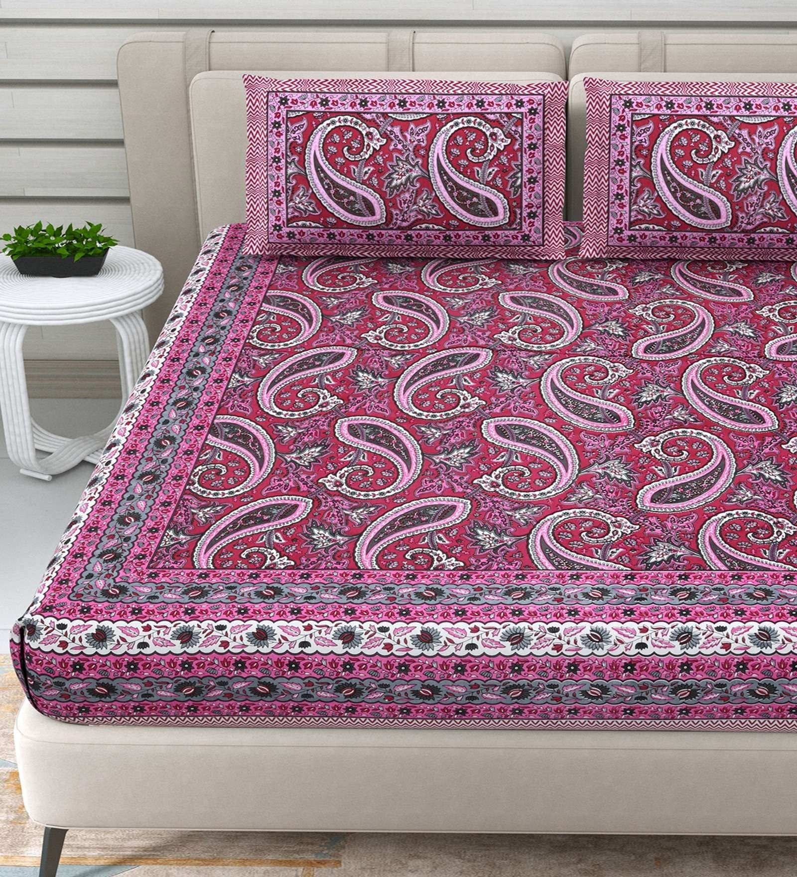 100% Pure Cotton Traditional Printed Bedsheet for Double Bed King Size Bedsheet with 2 Pillow Covers