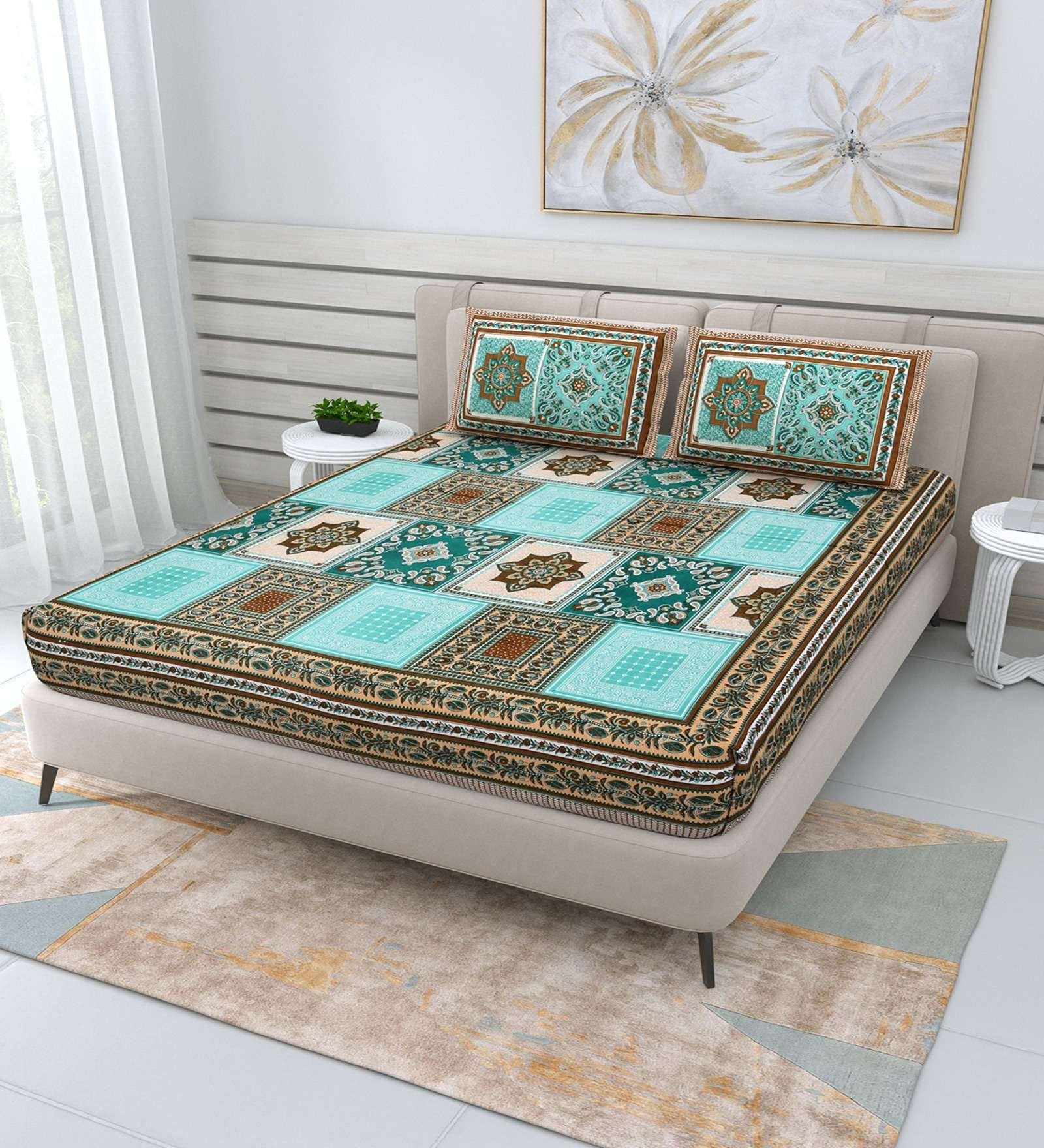 100% Pure Cotton Traditional Printed Bedsheet for Double Bed King Size Bedsheet with 2 Pillow Covers