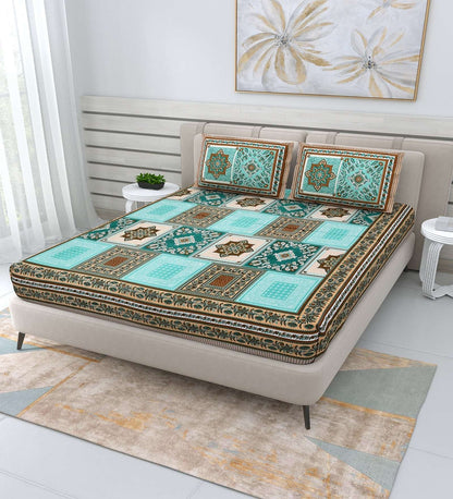 100% Pure Cotton Traditional Printed Bedsheet for Double Bed King Size Bedsheet with 2 Pillow Covers