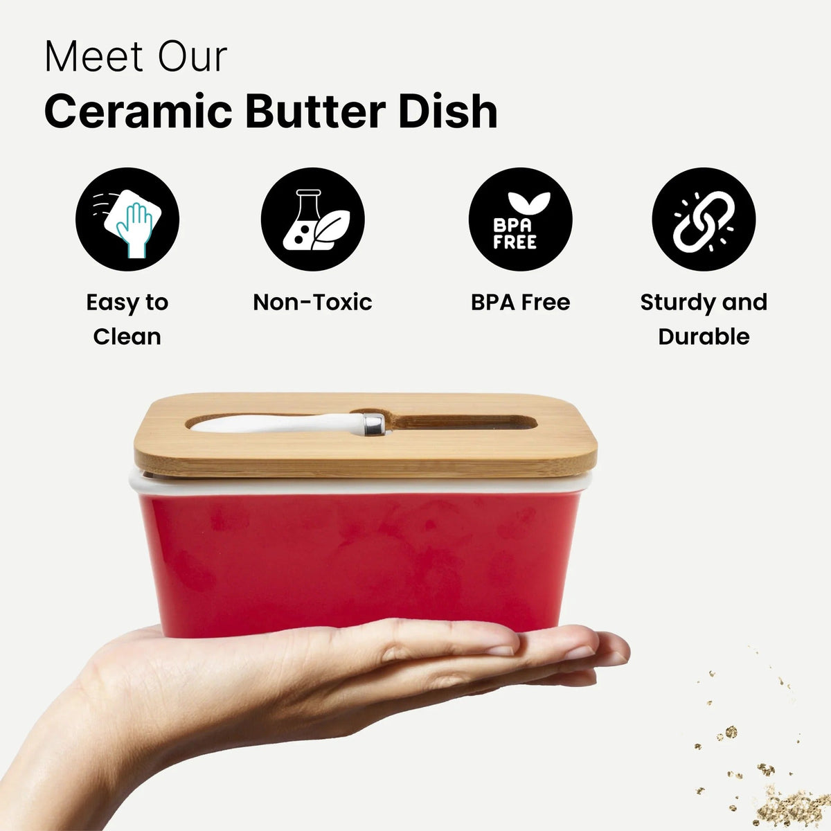 UMAI Ceramic Butter Dish with Lid and Knife 600ml Wooden Airtight Lid Silicone Ring Butter Cheese Box Red