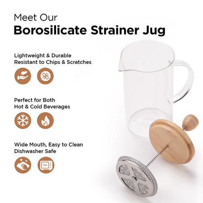 UMAI 1L Borosilicate Glass Jug LP058-TRA Bamboo Lid Leakproof Pitcher with Strainer Transparent