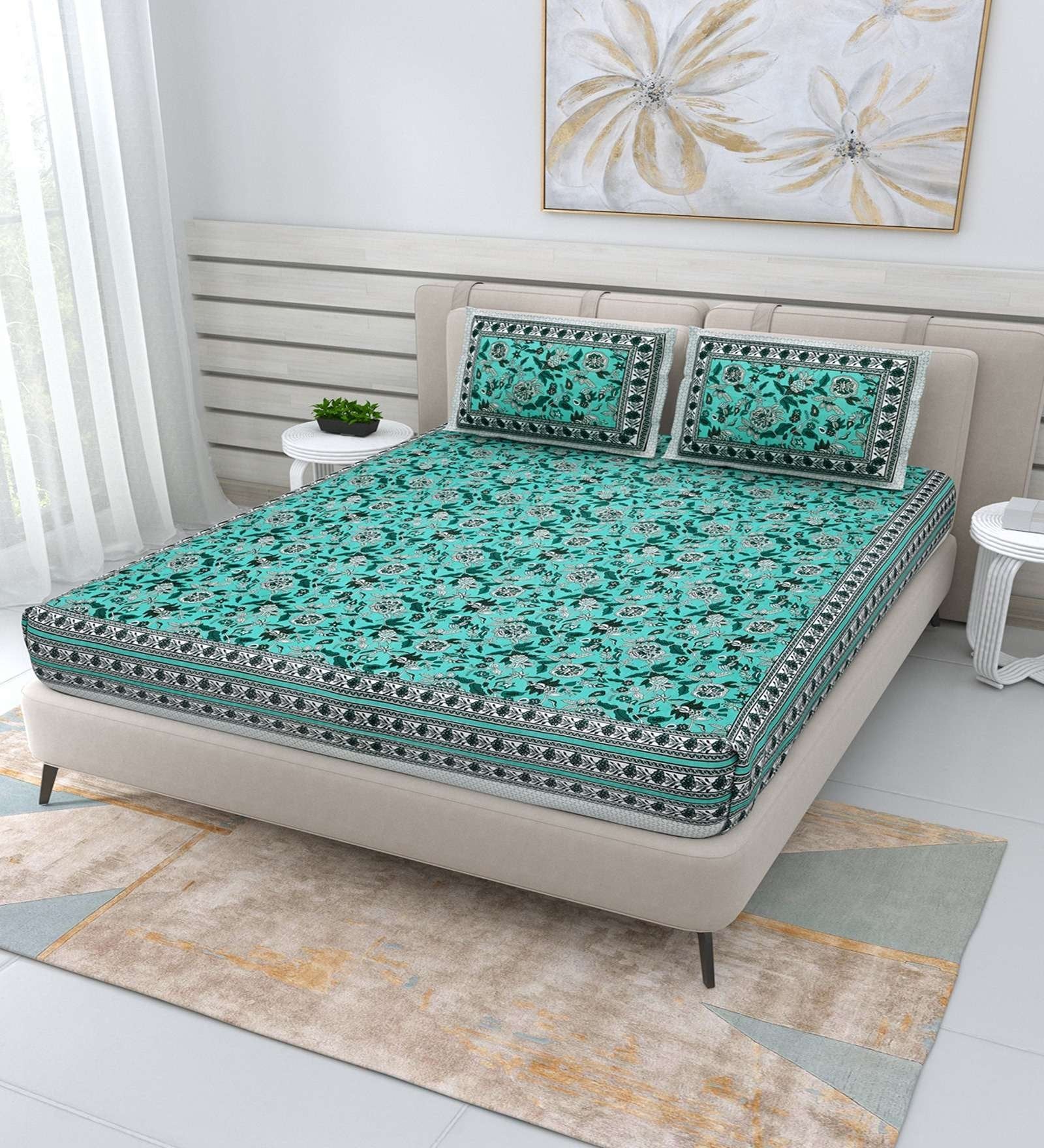 100% Pure Cotton Traditional Printed Bedsheet for Double Bed King Size Bedsheet with 2 Pillow Covers