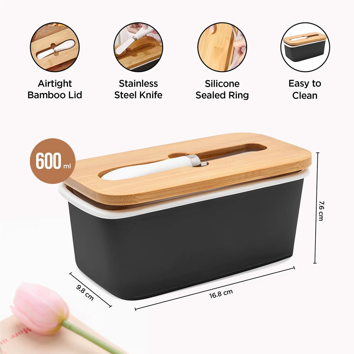UMAI Ceramic Butter Dish with Wooden Lid & SS Knife | Fridge Storage | Airtight | Black